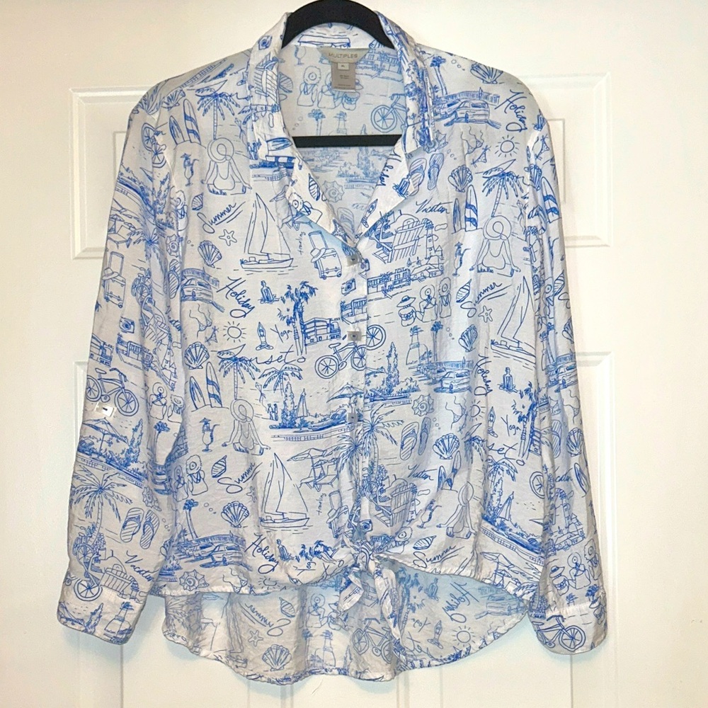 Multiples Summer Top Petite L Blue/White Button-Up Lightweight Breezy Resort
